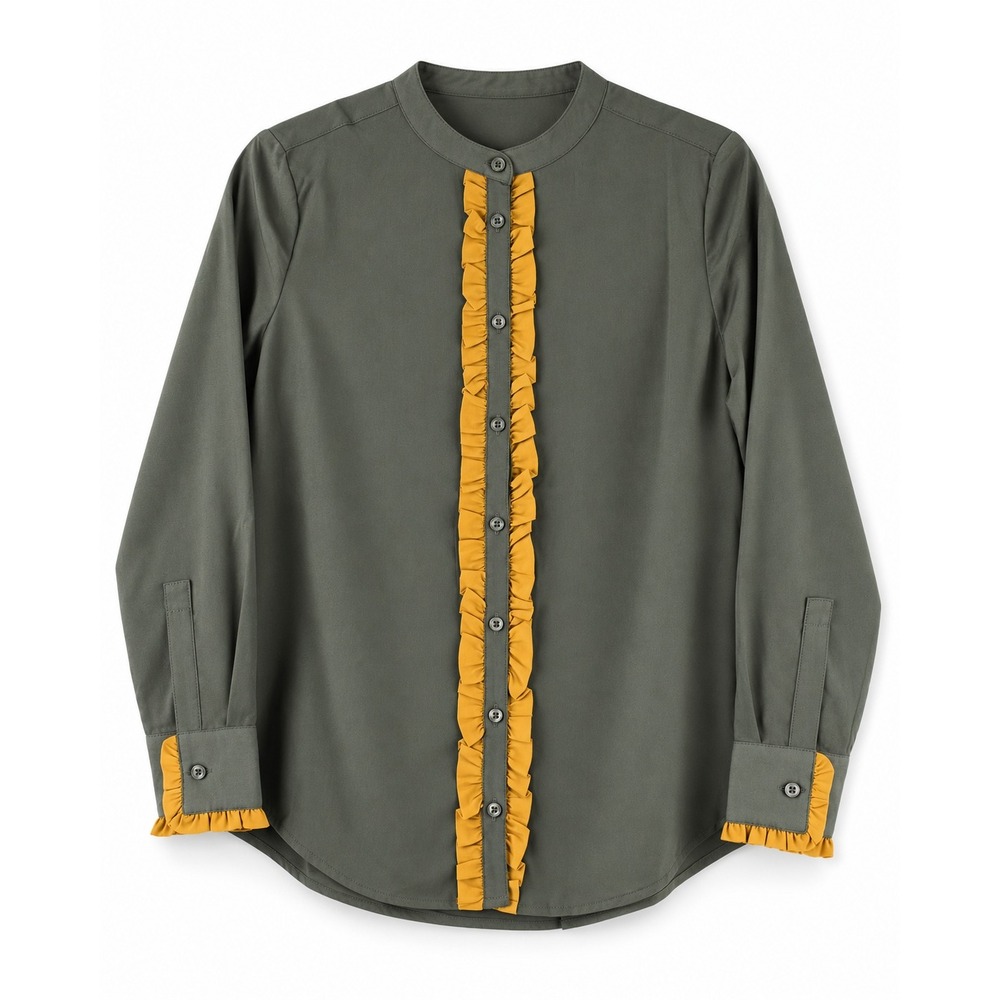 Tulip B Womens Olive Green Mustard Ruffle Trim Button Down Blouse JT2203F7
